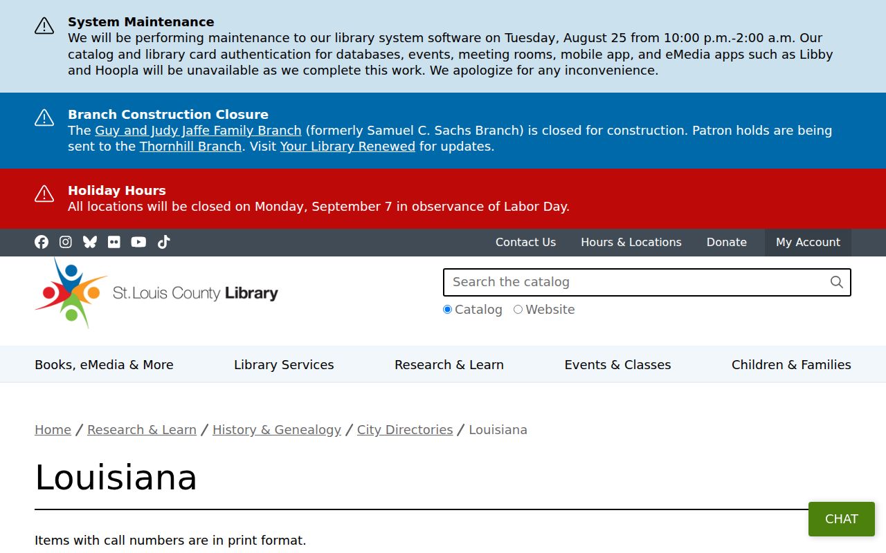 Institutional Louisiana city directory list showing Lafayette microfilm years