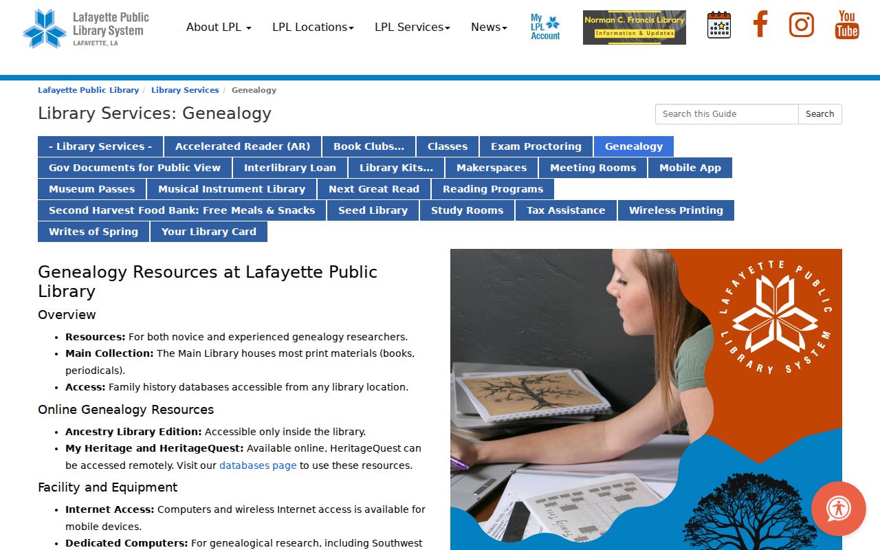 Lafayette Public Library genealogy page describing local collections and genealogy computers