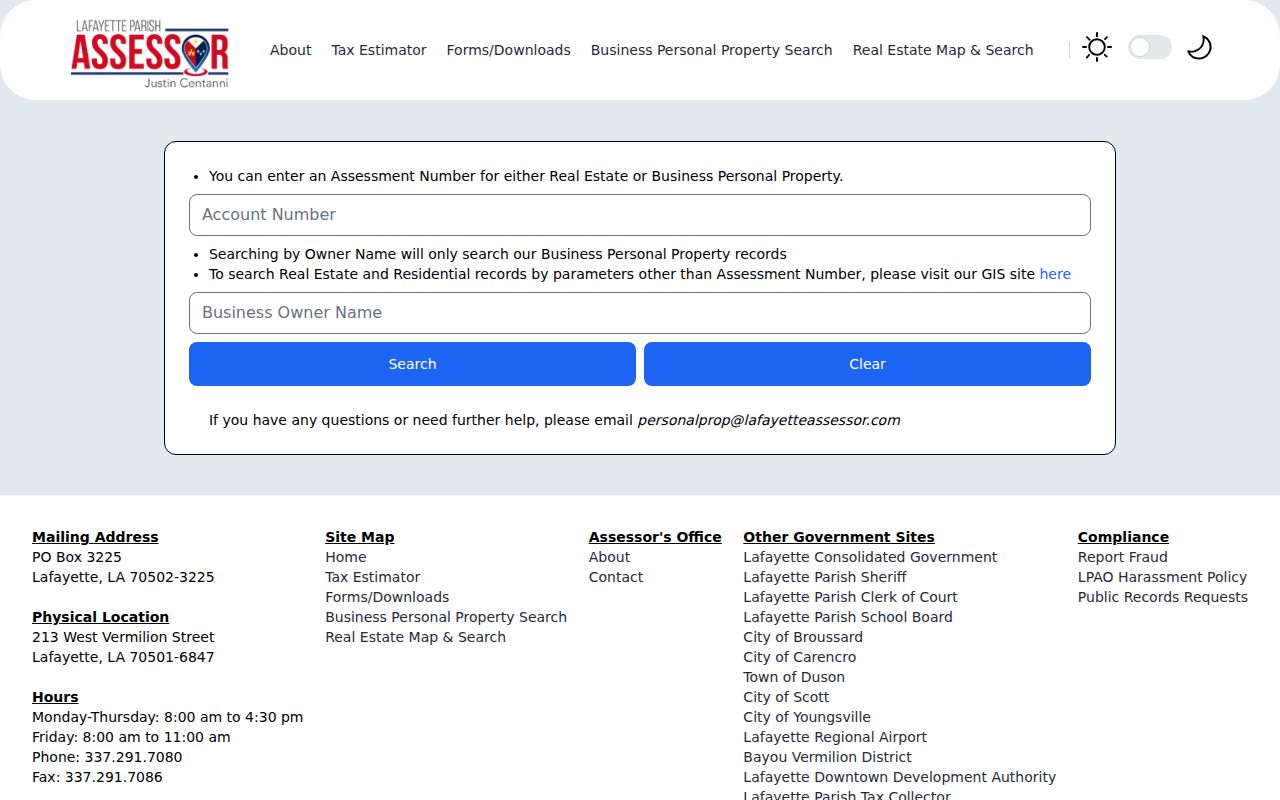 Lafayette Parish Assessor property search screen