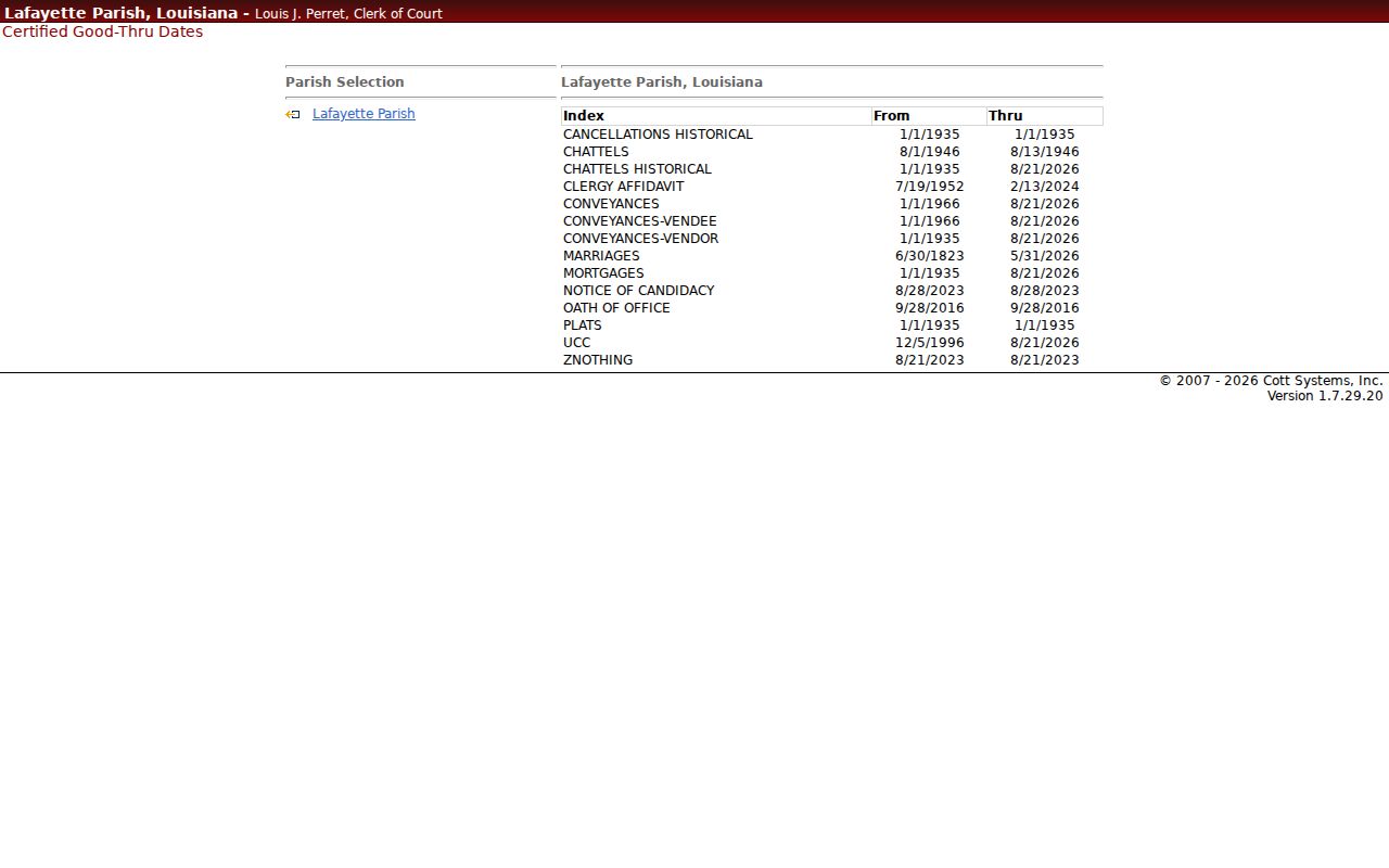 Lafayette Parish Clerk land index certified dates and record category coverage