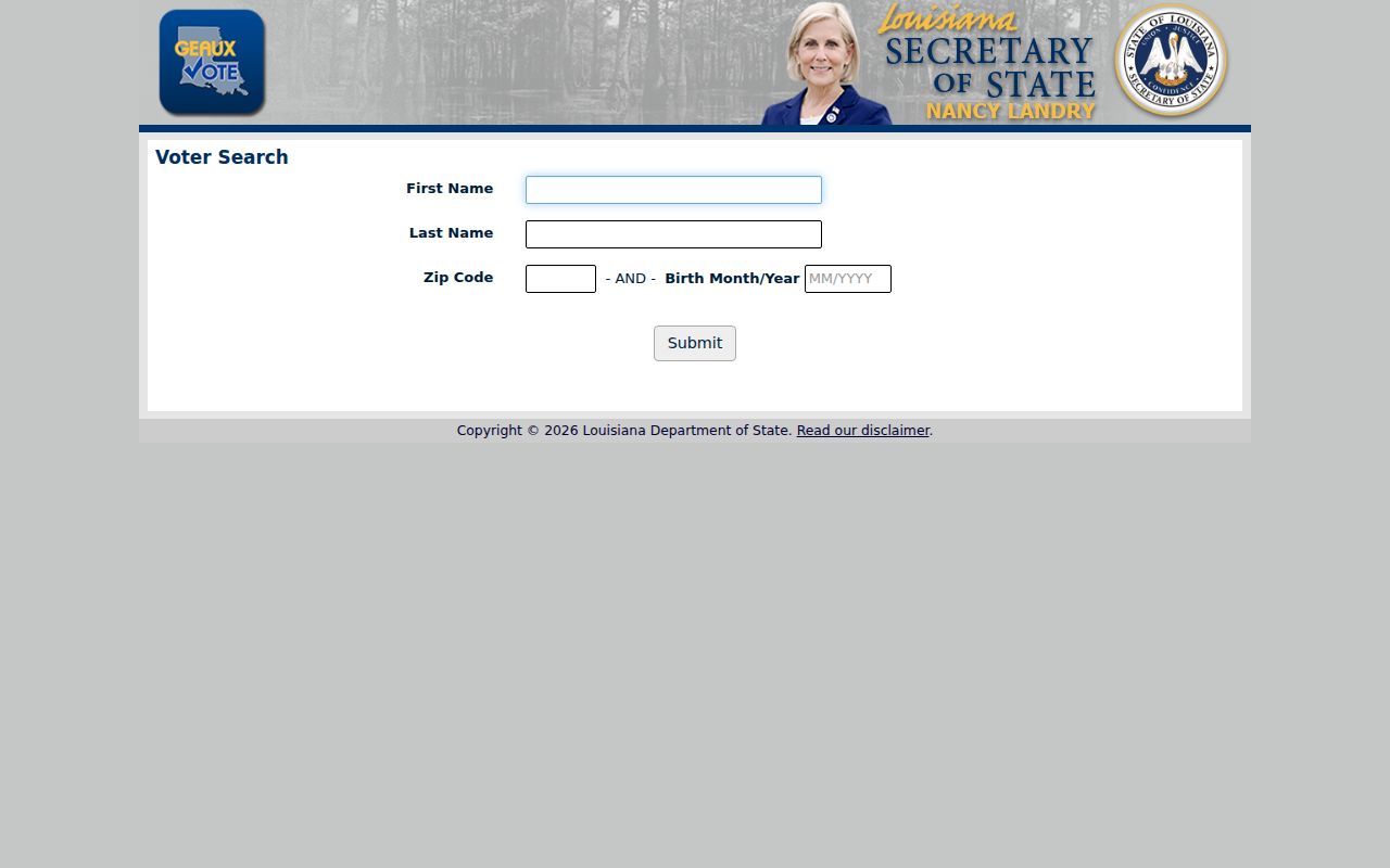 Louisiana voter name lookup fields for a Lafayette Parish resident search