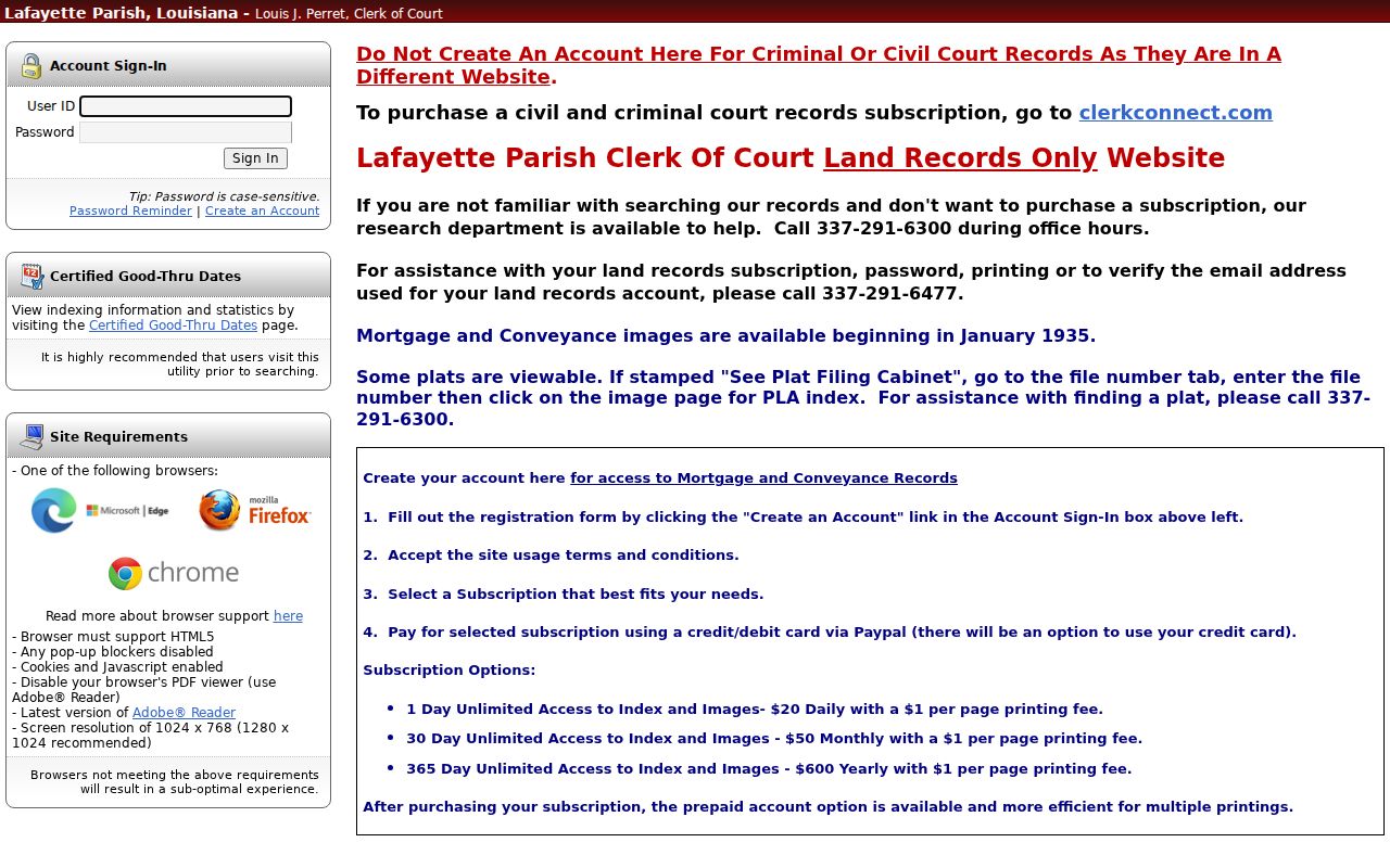 Lafayette Parish Clerk land and deed eSearch login