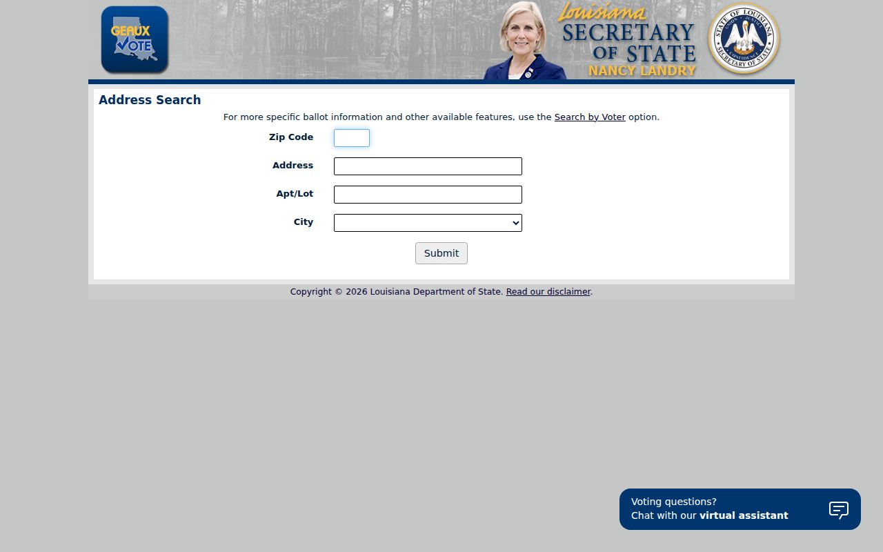 Louisiana voter address lookup with ZIP and Lafayette address fields